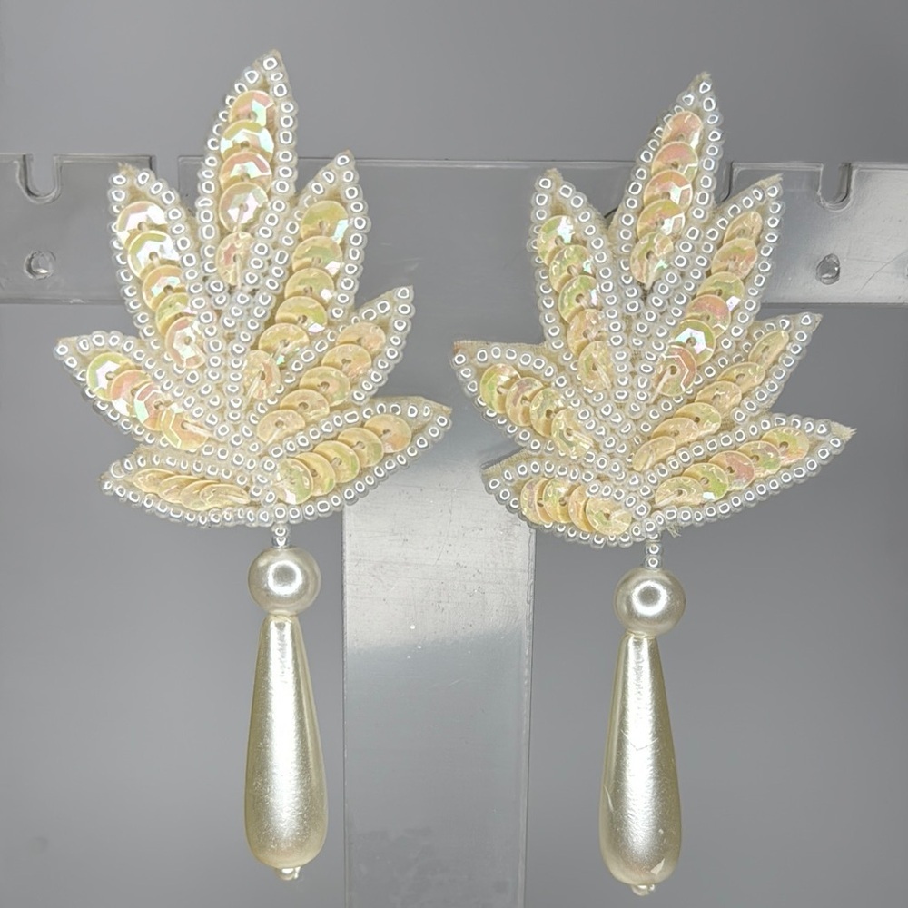Gold Art Deco Leaf Earrings with Pearl Drops